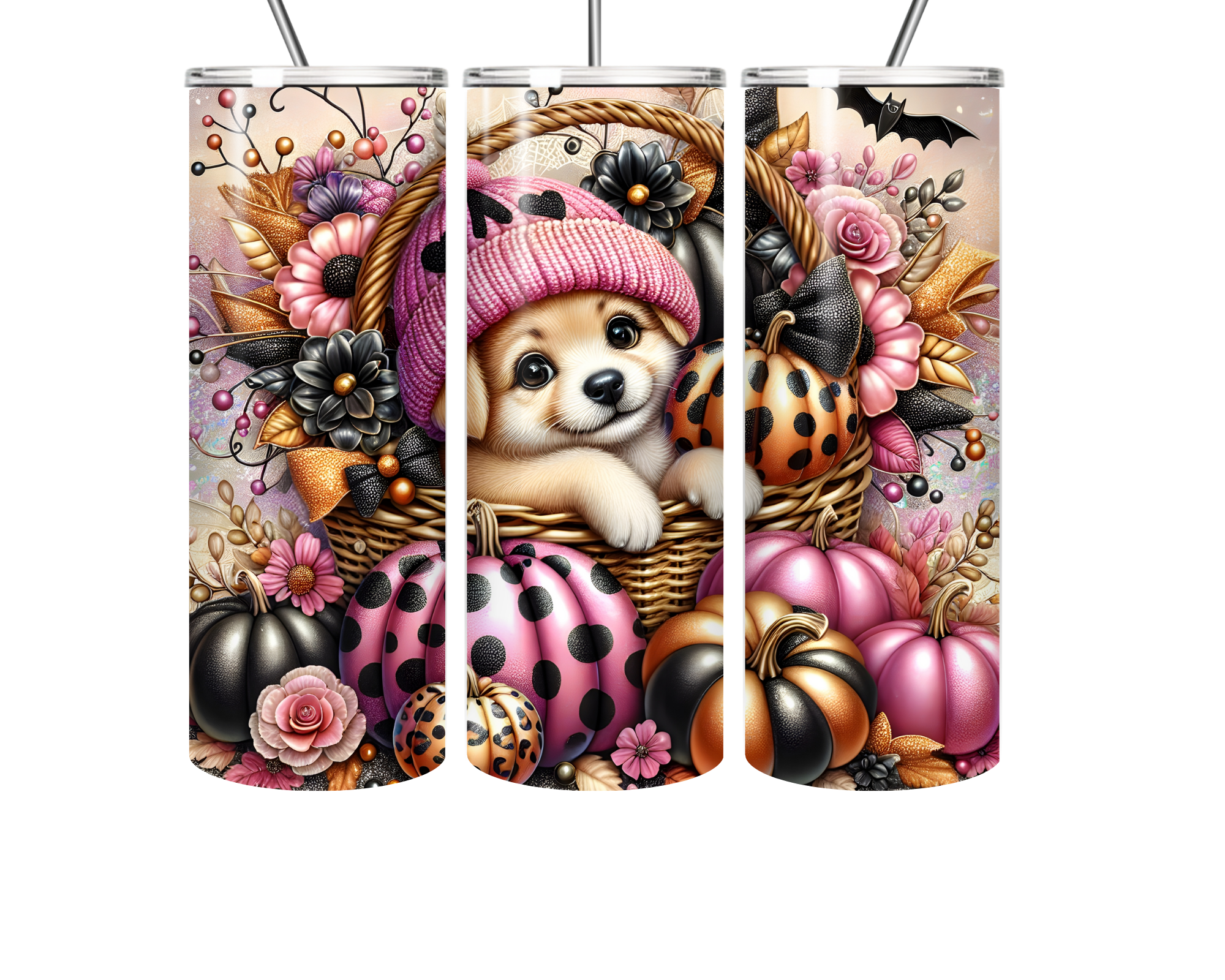 Pink Fall Tumbler with Cute Puppy