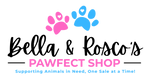 Bella & Rosco's Pawfect Shop Logo with a pink and blue paw print.